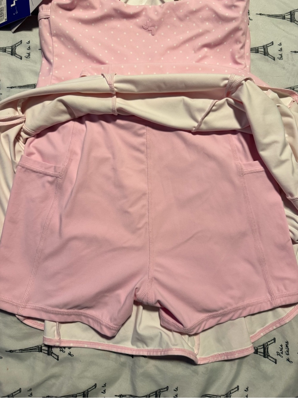 JoyLab Light Pink Polka Dot Skater Mini Dress with Floral Crisscross Straps - Picture 6 of 8